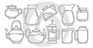 Teapot kettles tea black line set jar drink vector