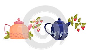 Teapot with Lid and Spout with Blooming Flowers Peeped Out Vector Set