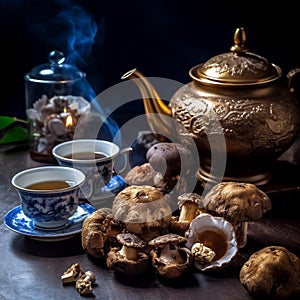 A teapot with mushrooms and a cup of tea on a table. AI generation
