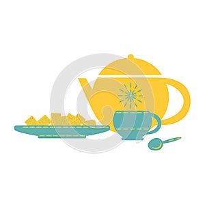 A teapot with an ornament, a Cup with a spoon and a saucer with cookies. Vector composition template for design. Flat style, two