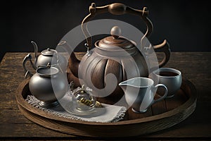 teapot placed on wooden tray with tea cups, saucers and teaspoons for afternoon tea