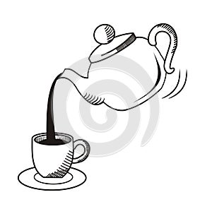 Teapot pouring tea into a cup hand drawn sketc photo