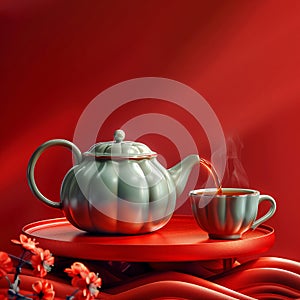 Teapot pouring tea into a cup on a red draped table with flowers