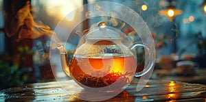 teapot ritual, a steaming teapot of rooibos tea, a calming ritual that soothes the soul and invigorates the senses with photo