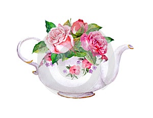 Teapot with rose flowers. Watercolor