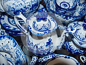 Teapot in Russian traditional Gzhel style. Gzhel - Russian folk craft of ceramics and production porcelain