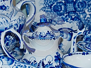 Teapot in Russian traditional Gzhel style. Gzhel - Russian folk craft of ceramics and production porcelain