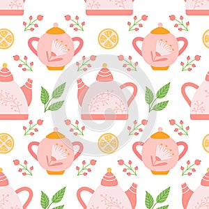 Teapot with sugar bowl, lemon, berries and tea leaves on white background, vector seamless pattern