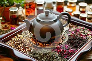 teapot surrounded by an assortment of teas and a small spoon on a tray