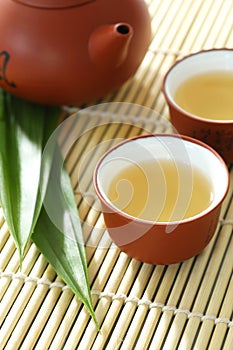 Teapot,tea cup and pandan leaves