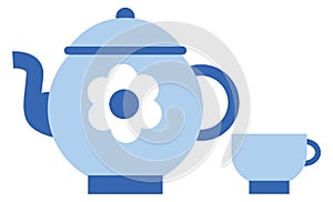 Teapot and teacup icon. Blue ceramic tea set