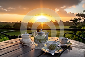 teapot and teacups on wooden table, with view of sunset over plantation
