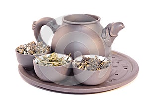 Teapot and three cups of herbal tea.