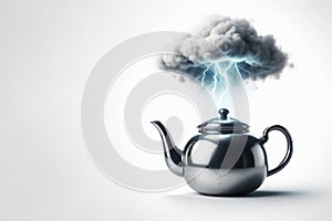 A teapot with a thundercloud and lightning. Space for text.