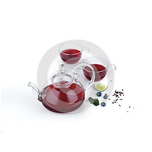 Teapot with two cups, glass, transparent with red tea