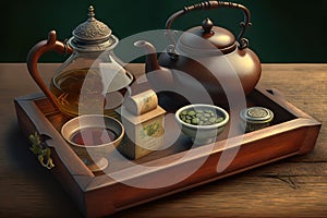 teapot on wooden tray, with selection of teas and accoutrements