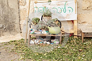 Teapots and coffee pots used as flower pots with fresh flowers and painted sea stones by a local sculptor in the famous artists