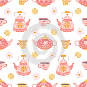 Teapots and mugs with tea, daisies and lemon on white background, vector seamless pattern in flat hand drawn style