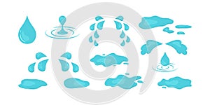 Tear cry eye, water drop, puddle and sweat. Cartoon expression icon set. Blue splash and droplet. Abstract illustration