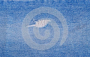 Tear of denim texture with a hole and threads