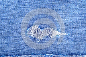 Tear of denim texture with a hole and threads