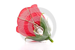 Tear Drop Pearl 14K Gold Necklace on Fake Rose Bud