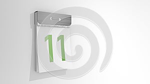 Tear-off calendar with number 11. Stylish 3D rendering of the eleventh date. 3d illustration on white background day eleven.