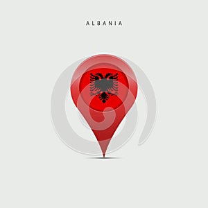 Teardrop map marker with flag of Albania. 3D vector illustration