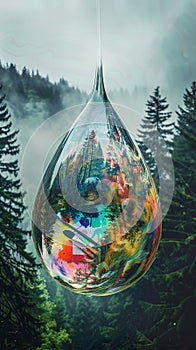 Teardrop-shaped art installation with forest and paint splashes. Generated AI