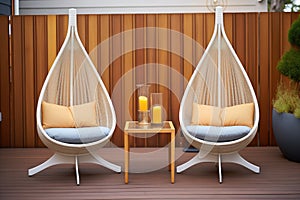 teardropshaped outdoor chairs on a patio deck