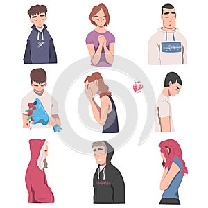 Tearful Male and Female Suffering Because of Lost Love and Heartbreak Vector Illustration Set