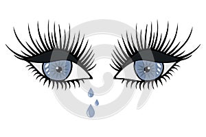 Tears are dripping from blue eyes. Gray shadows on half-closed eyelids. Smokey eye. Crying look