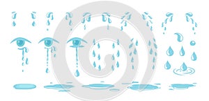 Tears drops. Water drop, crying eyes. Emotional expression eye with teardrop. Cartoon rain and puddle vector elements