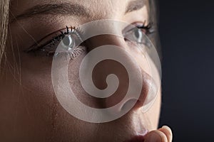 Tears on woman face, beauty girl cry on black background