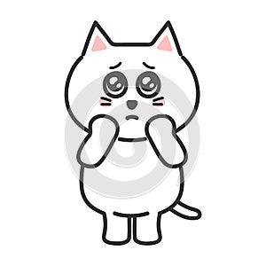 Teary-eyed white cartoon cat being impressed by something, vector illustration.