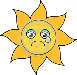 Teary sun emoticon outline illustration