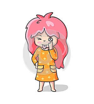 Teasing girl sticking tongue out. Mermaid makes faces. Cute cartoon character for emoji, sticker, pin, patch, badge.