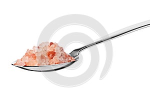 Teaspoon with pink Himalayan rock coarse salt isolated on white