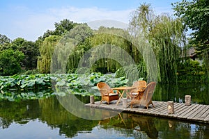 Teatable and chairs on planked platform in sunny summer