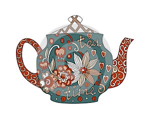 Teatime. Beautiful teapot with floral ornament isolated on white