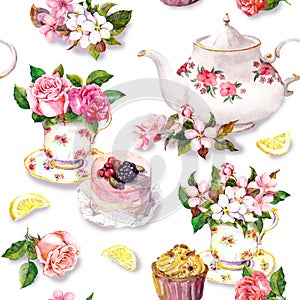 Teatime pattern: flowers, teacup, cake, teapot. Watercolor. Seamless background