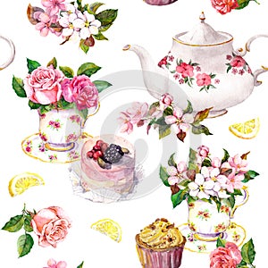 Teatime pattern: flowers, teacup, cake, teapot. Watercolor. Seamless background photo