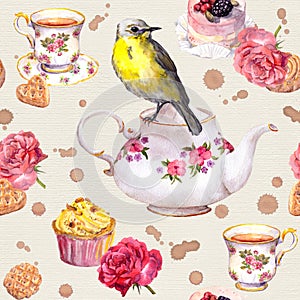 Teatime: tea pot, cup, cakes, rose flowers, bird. Seamless pattern. Watercolor