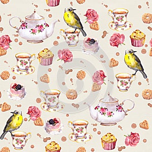 Teatime: tea pot, cup, cakes, rose flowers, bird. Seamless pattern. Watercolor