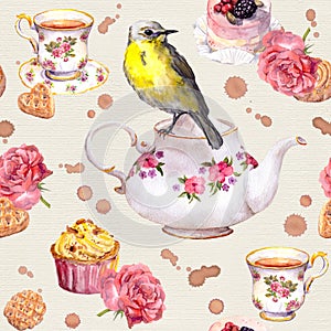 Teatime: tea pot, cup, cakes, rose flowers, bird. Seamless pattern. Watercolor