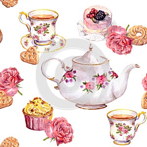 Teatime - tea pot, teacup, cakes, flowers. Repeating pattern. Watercolour