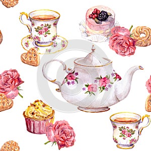 Teatime - tea pot, teacup, cakes, flowers. Repeating pattern. Watercolour photo