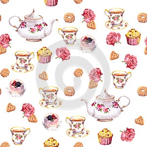 Teatime - teapot, tea cup, cakes, flowers. Seamless pattern. Watercolor