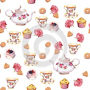 Teatime - teapot, tea cup, cakes, flowers. Seamless pattern. Watercolor photo