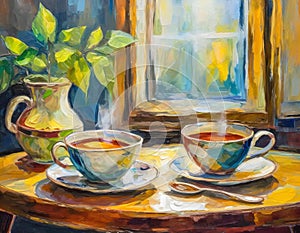 Teatime two cups of tea on table infront of window art oil painting